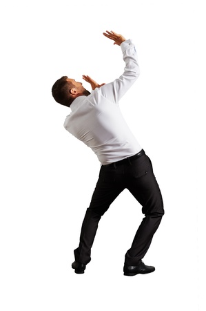 back view of scared businessman. isolated on white backgroundの写真素材