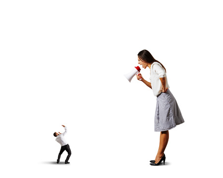 big emotional woman shouting at small scared man. isolated on white backgroundの写真素材