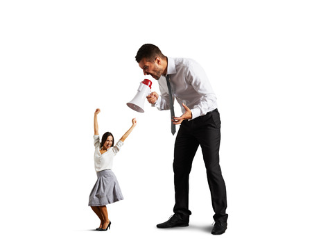 aggressive man screaming at cheerful woman. isolated on white backgroundの写真素材