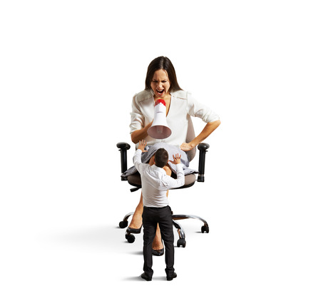 emotional woman and small frightened man. isolated on white backgroundの写真素材