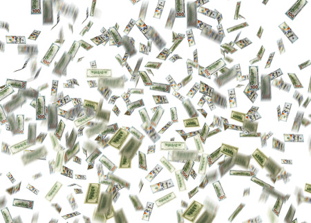 dollar note falling down over white backgroundの写真素材