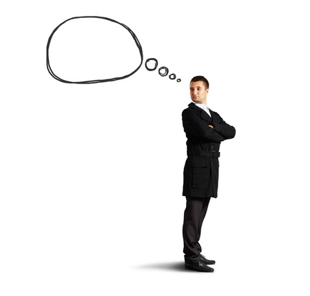handsome man with speech bubble looking back. isolated on white backgroundの写真素材