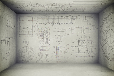 empty grey room with print on the walls and ceiling