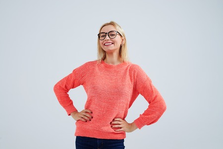 smiley blond in glassesの写真素材
