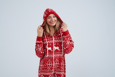 blond in christmas pajamas smilingの写真素材