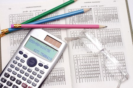 The calculator the pencil and points lie on the table with the data
