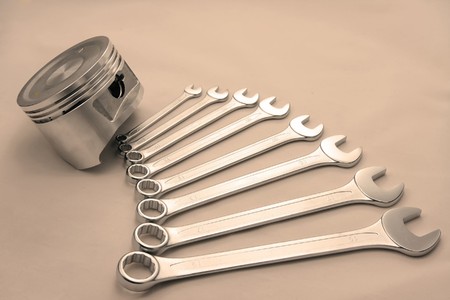 Piston and nut keys of various sizes, it is toned sepiaの写真素材