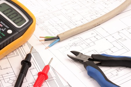 Wire cutter electro protected, device measuring and other details lay for electric works on drawingの写真素材