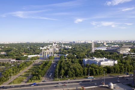 Moscow. VDNH. Kind from above on arch of input, building of House of Peoples of Russia and pavilions of exhibition.の写真素材
