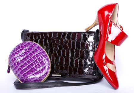 The new elegant varnished leather handbag with manufacture under a crocodile and a purse and a new elegant ladies' shoes の写真素材