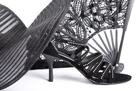 Evening hat, shoes and fanの写真素材