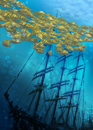 Sinking ship on sea bottom  and flight of fishes.の写真素材