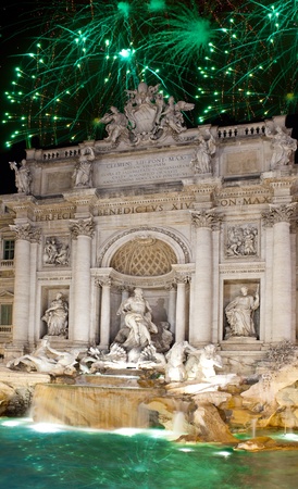 Celebratory fireworks over Fountain of Trevi. Italy. Romeの写真素材