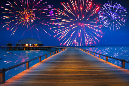 Festive New Year's fireworks over the tropical islandのeditorial素材