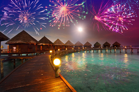 Festive New Year's fireworks over the tropical islandのeditorial素材