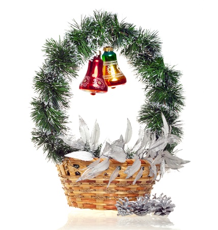 New Year's decorative basket with glass ballsの写真素材