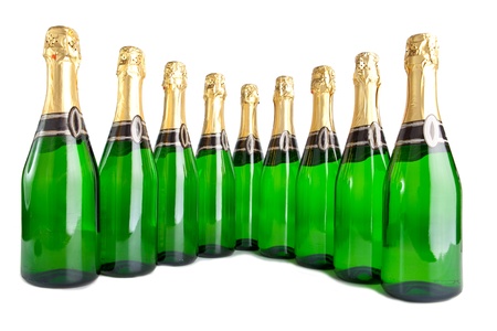 Sparkling wine bottles on a white backgroundの写真素材