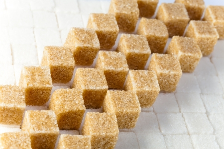 Cubes of not refined reed sugar lie on pieces of white sugar

の写真素材