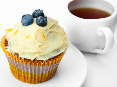 Fruitcake  and a cup of teaの写真素材