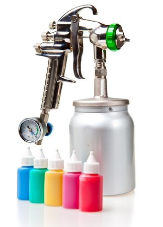 New metal brilliant Spray gun and small bottles with colorの写真素材