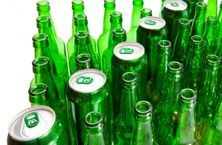 Empty glass beer bottles and cansの写真素材