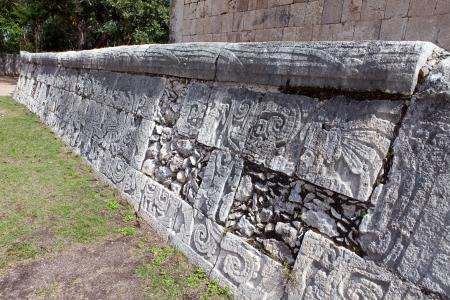Chichen Itza . Fragment of a wall of a pyramid with an ancient ornament. Yucatan, Mexico