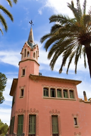 Gaudi's house with tower in Park Guell, Barcelona, Spainの写真素材