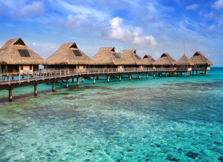 Typical Polynesian landscape -small houses on water.のeditorial素材