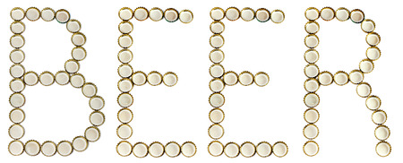 Text "BEER" from metal covers from beer bottlesの写真素材