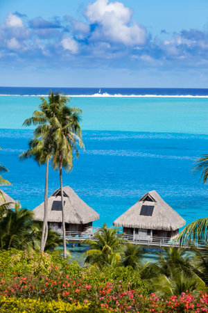 Blue lagoon of the island of Bora Bora, Polynesia. A view from height on palm trees, traditional lodges over water and the seaのeditorial素材