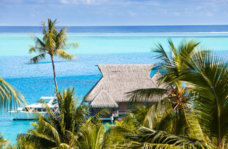 Blue lagoon of the island of Bora Bora, Polynesia. A view from height on palm trees, traditional lodges over water and the seaのeditorial素材