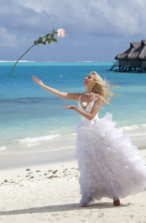 The happy bride in a white long dress throws up a rose on a beach on background of the seaの写真素材