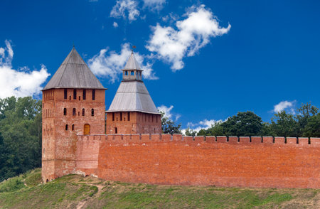 Great Novgorod. The Kremlin wall with towers. Russiaのeditorial素材