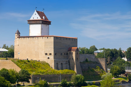 Ancient fortress on border with Russia in Narva, Estoniaのeditorial素材