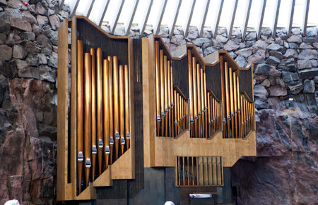 organ in Temple Square Church (church in the rock) in the Helsinki, Finland.のeditorial素材