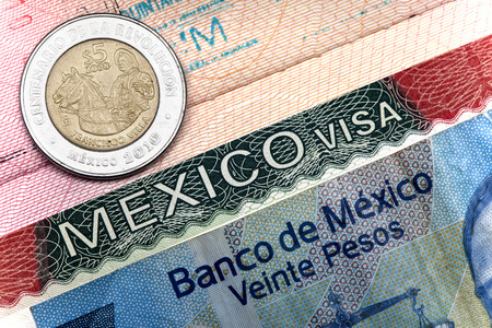 The visa of Mexico in the Russian international passport and Mexican pesosの写真素材