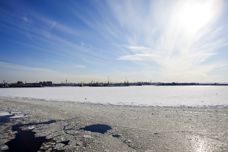 St. Petersburg. Seaport. Russia.View from the Gulf of Finland covered with ice