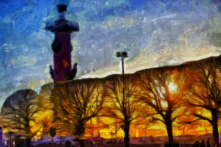 Rostral column and trees at sunset. Russia, St. Petersburg.の写真素材