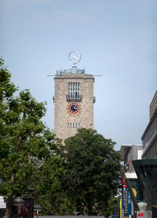 STUTTGART,GERMANY- MAY 31, 2012:  The tower of Stuttgart Central Station with the rotating Mercedes-Benz logoのeditorial素材
