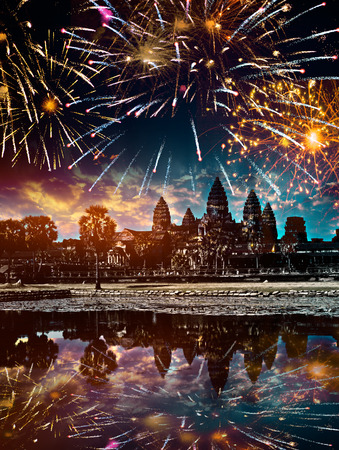 firework over Angkor wat, Siem reap,Cambodiaの写真素材