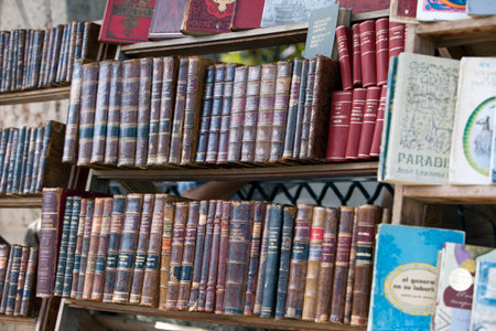 HAVANA, CUBA - JANUARY 27, 2013:  bookshop with antique and old books for sale on the street in the center of Havanaのeditorial素材