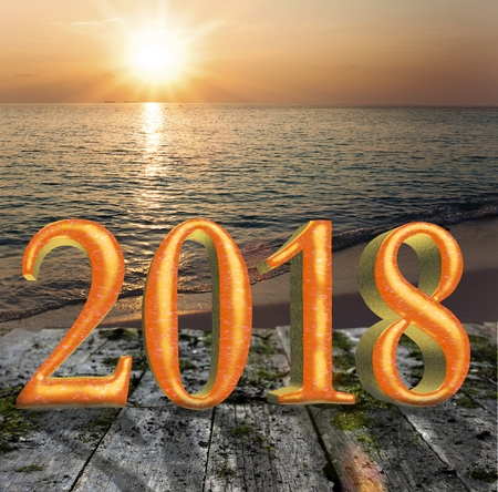 New Year inscription 2018 on the wooden road over the sea