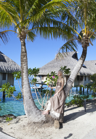 beautiful woman with a rose near a palm tree, Tahitiの写真素材