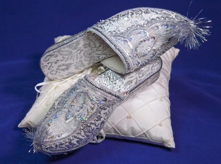 east style bride wedding shoes on a blue velvetの写真素材