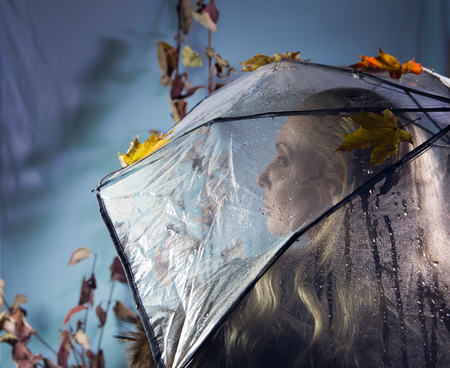 woman under a transparent umbrella with autumn leavesの写真素材