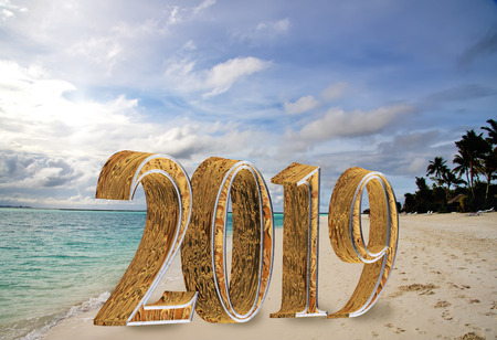New Year inscription 2019 on the beach