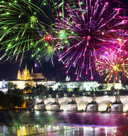 Festive firework over Charles Bridge, Prague,  Czech Republicの写真素材