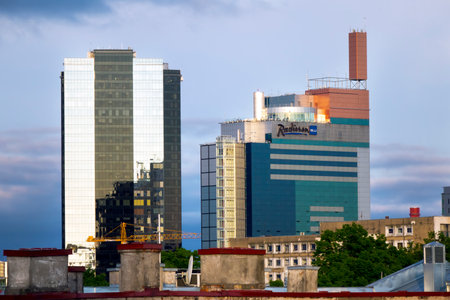 TALLINN, ESTONIA- MAY 16, 2016: View of the modern high rise buildings on border with an old part of the cityのeditorial素材