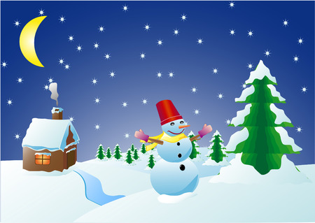 nature in winter snow man fir-tree and house vector illustrationのイラスト素材