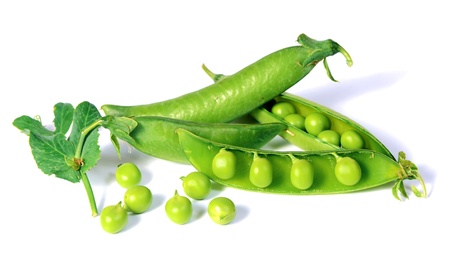 ripe peas with green leaf isolated on white backgroundの写真素材